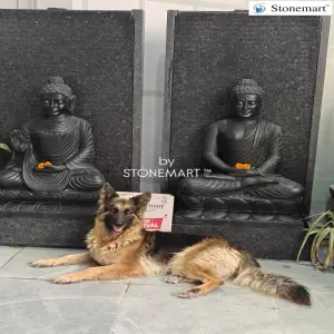 Available One - 5 Feet Granite Waterfall With 3 Feet Black Marble Abhaya Mudra And Dhyana Mudra (Sold To Kerala) Buddha Sculpture