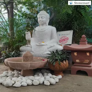 Sold To Bangalore, Karnataka 4 Feet Abhaya Mudra Marble Buddha Statue With Urli Fountain And Japanese Pagoda Lantern