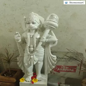 2.5 Feet Lord Hanuman Standing Sculpture In White Marble For Home And Garden