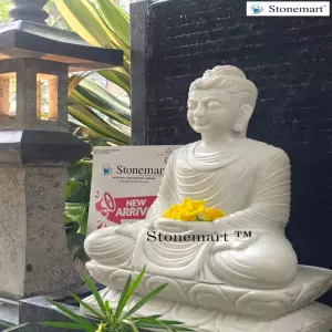 Available - 24 Inch Marble Buddha Statue With 39 Inch Granite Water Fountain And Granite Lanterns