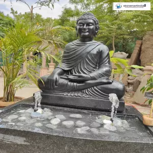 Black Marble 3 Feet Bhumisparsha Mudra Buddha Statue With Granite Water Feature
