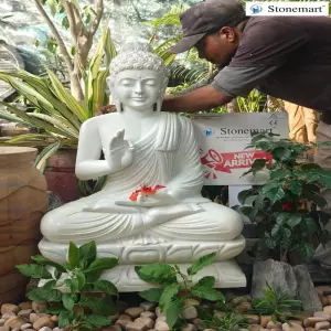 Available - 3 Feet Hand Carved White Marble Vitarka Mudra Buddha Statue