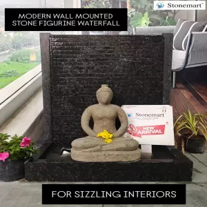 39 Inch Granite Waterfall With Balinese Stone Sculpture For Foyer Area