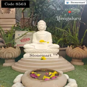 Sold To Bengaluru, Karnataka - 2Ft White Marble Buddha Statue In Meditating Posture With Stone Uruli Flower Bowl And Pedestal Base