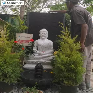 Available Huge 5 Feet, 520 Kg Granite Fountain With 3 Feet 180 Kg Marble Dhyana Mudra Buddha Idol