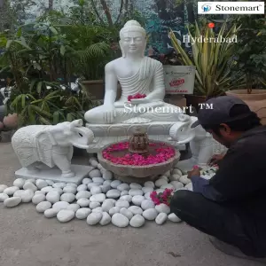 Sold To A Reputed Jewellery Store In Hyderabad, Telangana - 4Ft Buddha Statue With 2Ft Elephant Statues, Urli Fountain