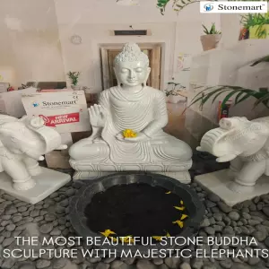 Available - 3 Feet Abhaya Mudra Buddha Marble Statue With Pair Of 2 Feet Marble Elephant Statues