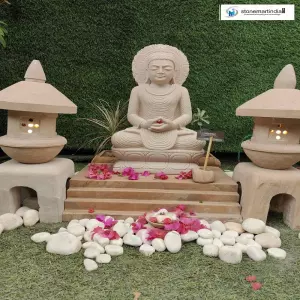 2 Feet Mint Sandstone Buddha With Japanese Lamp And Stone Stairs