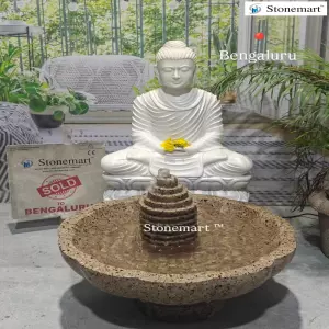 Sold To Bengaluru, Karnataka - Divine 2 Feet Marble Buddha Statue With Floral Granite Urli Water Feature