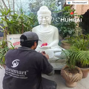 Sold To Mumbai, Maharashtra - Stunning Hand Carved Abhaya Mudra Marble Stone Buddha Statue In 4Ft