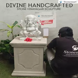 Hand-Carved 18 Inch White Marble Stone Vinayagar Sculpture