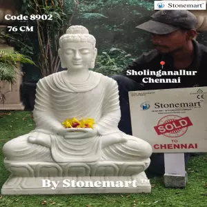 Sold To Chennai, Tamil Nadu - Beautiful 30 Inch Hand Carved White Buddha Statue For Indoor Outdoor Decor