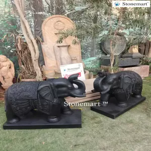 Sold To Bhimavaram, Andhra Pradesh - Majestic Hand Carved Black Marble Stone Elephant Sculptures For Entrances