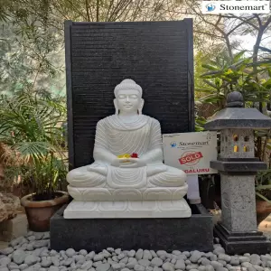 Sold To Bengaluru, Karnataka 3 Feet Dhyana Mudra Marble Buddha Statue With 5 Feet Granite Fountain And Granite Pagoda Lamp