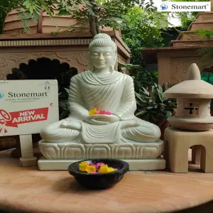 Sold To Thrissur, Kerala 2.5 Feet White Marble Buddha Idol In Dhyana Mudra With 26" Stone Japanese Lantern And Granite Uruli