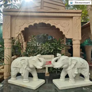 24 Inch Hand Carved Pair Of White Marble Elephants For Outdoor