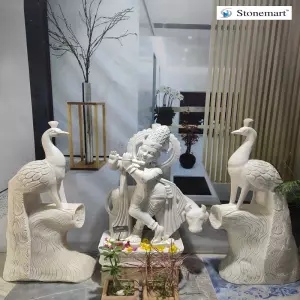 3.5 Feet Krishna Statue With 4 Feet Peacock Statue