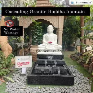 Available Large Size Dhyana Mudra Marble Buddha Statue With Cascading Granite Waterfall For Indoor Outdoor