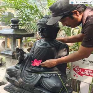 Available - 3 Feet Black Marble Stone Buddha Statue In Abhaya Mudra Posture