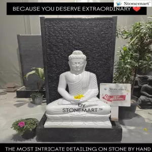 Sold To Chennai, Tamil Nadu - 5 Feet Ribbed Granite Panel Fountain With 3 Feet Meditating Marble Buddha Statue