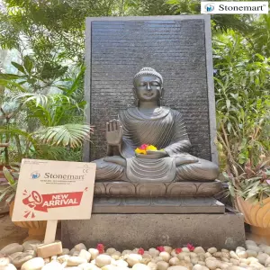Sold To Visakhapatnam, Andhra Pradesh 3 Feet Black Marble Abhaya Mudra Big Buddha Idol With 5 Feet Granite Waterfall