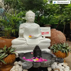 Sold To Navsari, Gujarat 4 Feet Garden Buddha Stone Sculpture In Abhaya Mudra With Granite Fountain
