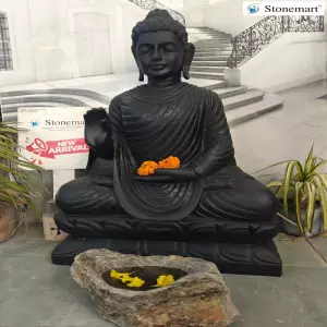 Sold To Bengaluru, Karnataka - Extraordinarily Beautiful Black Marble Stone Buddha Sculpture With Rock Urli