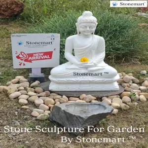 Available - 2 Feet White Marble Meditating Buddha Statue With Stone Urli Bowl