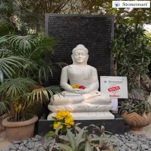Sold To Dubai, Uae 3 Feet Dhyana Mudra Marble Buddha Idol With 5 Feet Granite Water Fountain For Outdoor