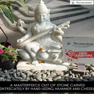 2.5 Feet Handcrafted White Marble Divine Maa Saraswati Sculpture For Educational Institutions