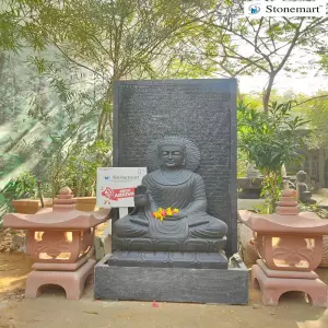 3 Feet Black Marble Gautam Buddha Statue With 5 Feet Granite Fountain And Big Stone Lamps