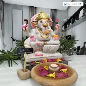 18 Inches White Marble Ganesha Idol From Stonemart