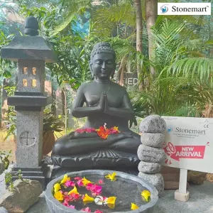 Sold To Mumbai, Maharashtra 3 Feet Marble Buddha Statue In Anjali Mudra With Granite Pagoda And Uruli