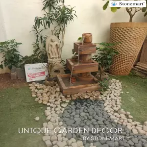 Cascading Water Fountain, Stone Buddha Idol, Boulder Pot And Pebbles For Zen Garden