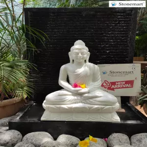 Sold To Tiruppur, Tamil Nadu 39 Inch Granite Panel Fountain With 2 Feet Marble Dhyana Mudra Buddha Statue
