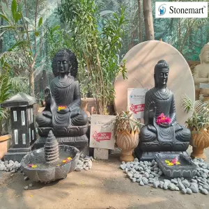 3 Feet Hand Carved Black Marble Buddha Sculptures In Abhaya Mudra For Home And Garden