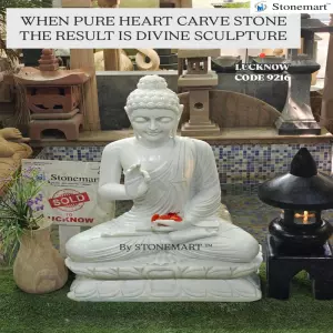 Sold To Lucknow, Uttar Pradesh - 3 Feet Serene White Marble Vitarka Mudra Sitting Buddha Statue For Outdoor