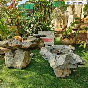 Only One Available, Other One Sold To Pune, Maharashtra, Natural Rock Birdbath Fountain For Luxury Outdoors