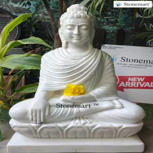Available - 2 Feet Bhumisparsha Mudra White Marble Stone Buddha Statue For Luxury Spaces