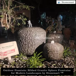 Modern Ribbed Black Granite Sphere Fountains For Resorts, Farmhouses, Luxury Villas
