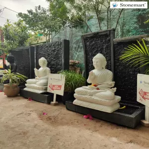 39 Inch Granite Fountain With Black And White Marble Buddha Statue