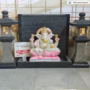 27 Inch White Marble Lord Ganesha Idol With 39 Inch Granite Waterfall And Pair Of Lanterns