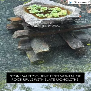 Client Testimonial Of Stone Urli With Slate Monoliths From Alibagh, Maharashtra