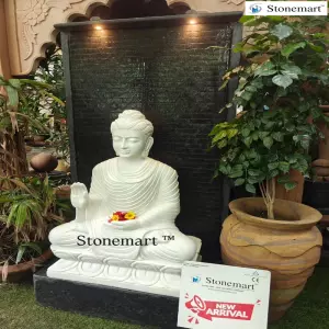 Available - 60 Inch Granite Water Fountain Paired With Divine 36 Inch Marble Buddha Idol