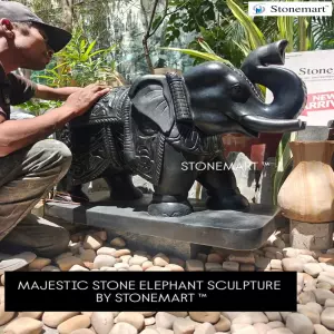 2.5 Feet Black Marble Stone Elephant Sculptures For Residential And Commercial Entrances