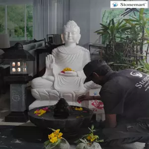 Available 4 Feet, 500 Kg White Marble Gandhara Style Buddha Sculpture In Abhaya Mudra With Fountain And Lantern