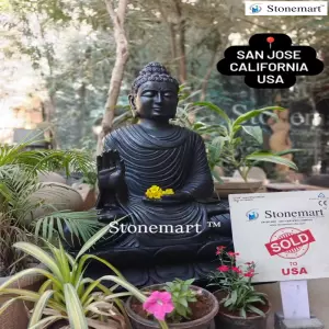 Sold To California, Usa - Lifesize Black Marble Stone Buddha Statue In Abhaya Mudra Posture
