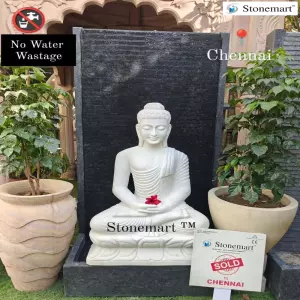 Sold To Chennai, Tamil Nadu - Hand Carved 5Ft Granite Stone Panel Fountain With Serene 3Ft White Marble Buddha Idol