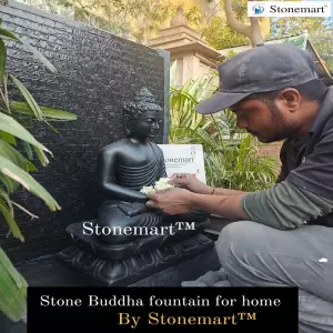 Sold To Nagercoil, Kanyakumari, 39 Inches Granite Panel Fountain With 2 Feet Black Marble Stone Dhyana Mudra Buddha Statue
