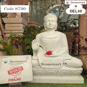 Sold To Delhi - 3Ft Serene Hand Carved White Marble Stone Buddha Idol In Abhaya Mudra